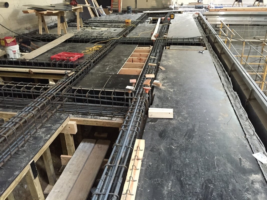 Grade beams and rebar formed across an interior slab